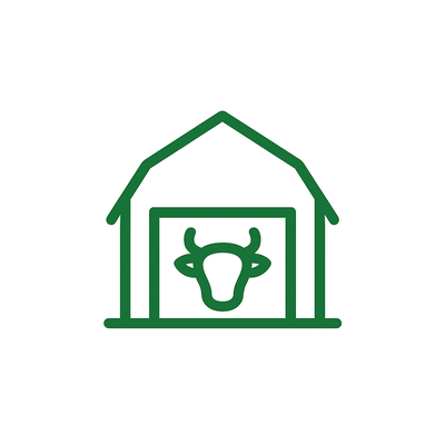 Green icon of a barn with a bull inside on a white background