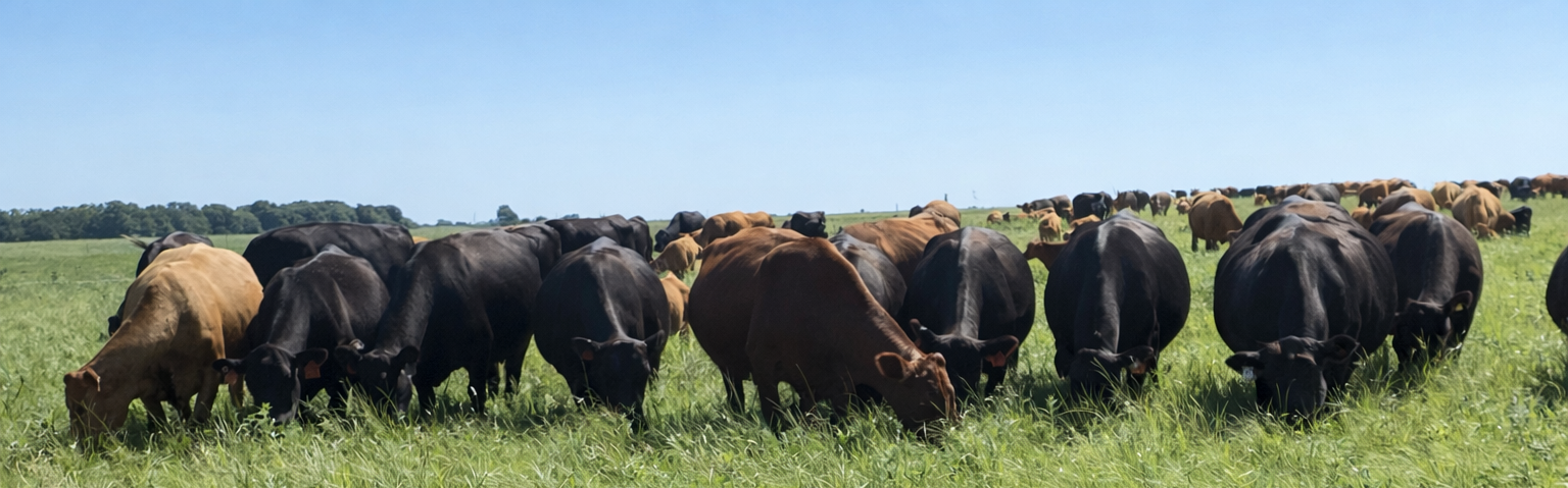 Cattle grazing in a grassy field under a clear blue sky